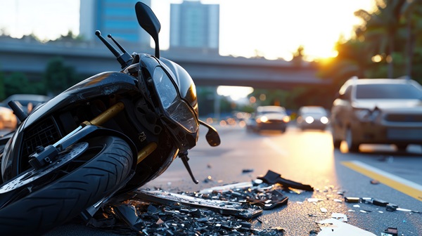Heavily damaged motorcycle lying on a busy highway after an accident, with other cars stopped in the background.