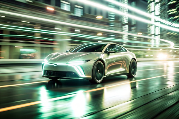 Sleek silver sports car speeding through a brightly lit city street at night with light trails in the background.