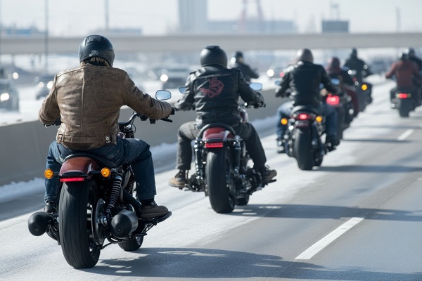Motorcyclists riding together in a group on a multi-lane highway in daylight.