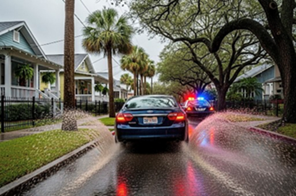 Blue car driving down a flooded residential street with water splashing from its tires, followed by a police vehicle with flashing lights.