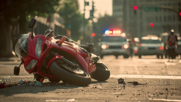 Red motorcycle lying on its side in the middle of a city intersection after a crash, with broken glass and debris scattered on the pavement and police vehicles with flashing lights in the background.