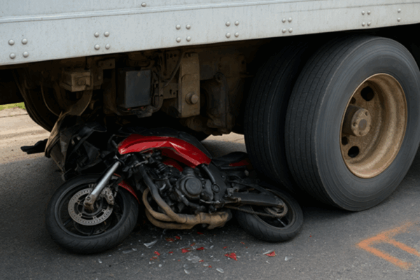 A damaged red motorcycle wedged under the rear of a tractor-trailer, with shattered glass and debris scattered on the asphalt.