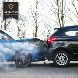 Blue car stopped after rear-ending a black car on the road in Brandon, FL