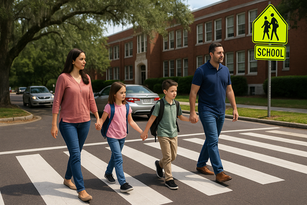 Parents guiding children through a crosswalk in Tampa neighborhood.