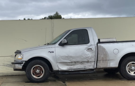 A heavily damaged pickup truck following a car accident in Tampa on October 2, 2025.