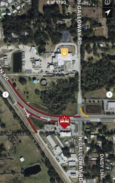 An aerial map highlighting an intersection collision icon at the junction of N Galloway Rd and another road in a primarily rural/industrial area.