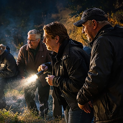 Parents and community members searching at night for a missing child, reflecting the emotional toll of online-related disappearances.