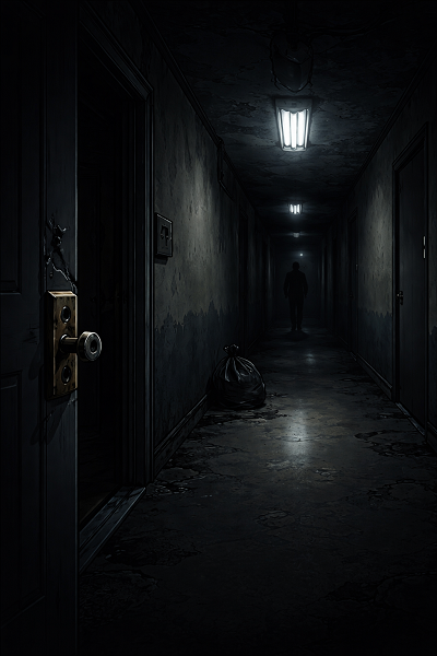 Dimly lit apartment hallway with flickering lights, a broken door lock, and no visible security cameras