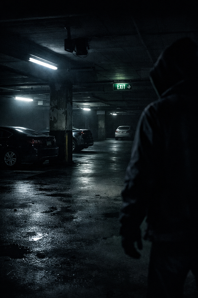 Dim parking garage with broken overhead lights, no security cameras in sight, and a shadowy figure lurking in the background