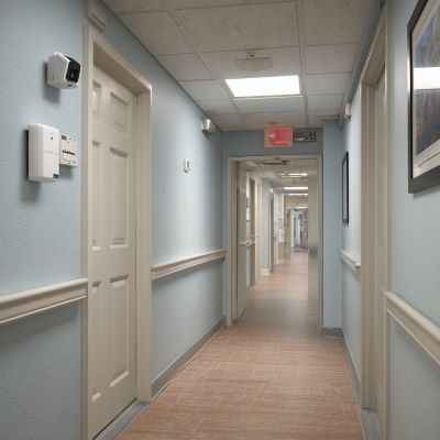 Florida nursing home hallway with security camera and access-controlled door
