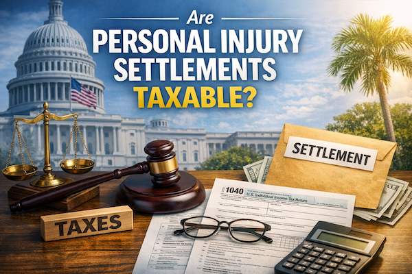 Illustration of a judge’s gavel, scales of justice, tax forms, calculator, cash, and a settlement envelope in front of the U.S. Capitol and a Florida palm tree, representing the tax treatment of personal injury settlements in Florida.