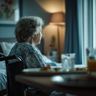 A neglected nursing home resident in Tampa, Florida sitting in her room alone