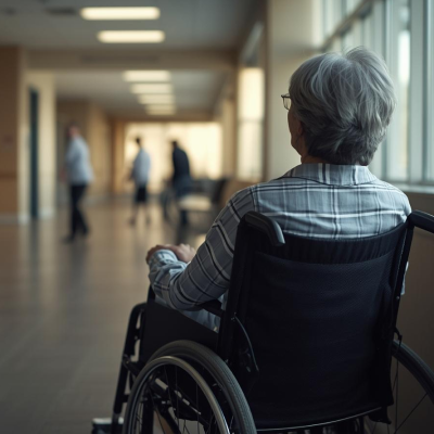 A neglected nursing home resident left sitting in a wheelchair in the hall