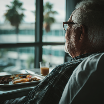 A nursing home resident in Florida sitting by the window with his dinner on a tray