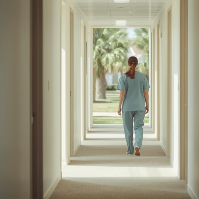 A direct care worker walks down an empty hallway in a Florida nursing home facility