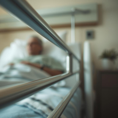 A closing up of bedrails in a Florida facility, with a nursing home patient in the background