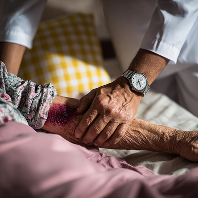A Florida nursing home resident with a bedsore being looked at by a medical professional
