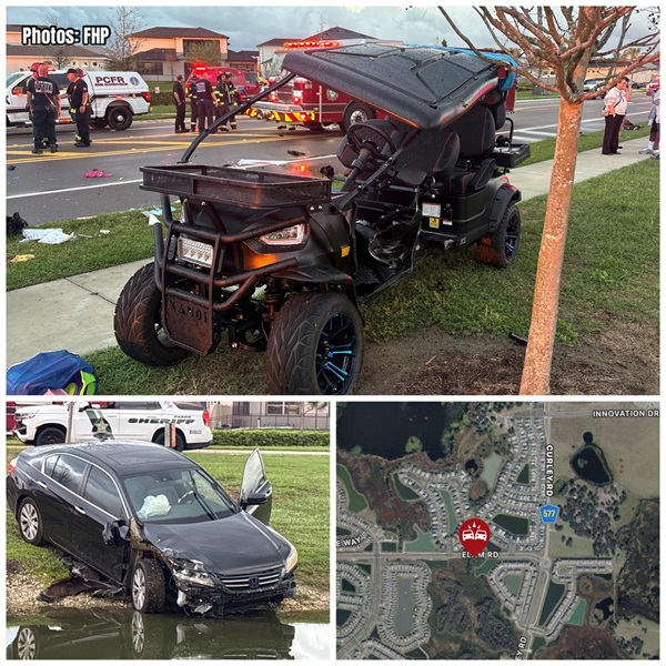 A three-image collage showing a damaged black golf cart at a crash scene with emergency vehicles, a black Honda sedan with front-end damage near a pond, and a digital map marking the accident location on Elam Road in Wesley Chapel, FL.