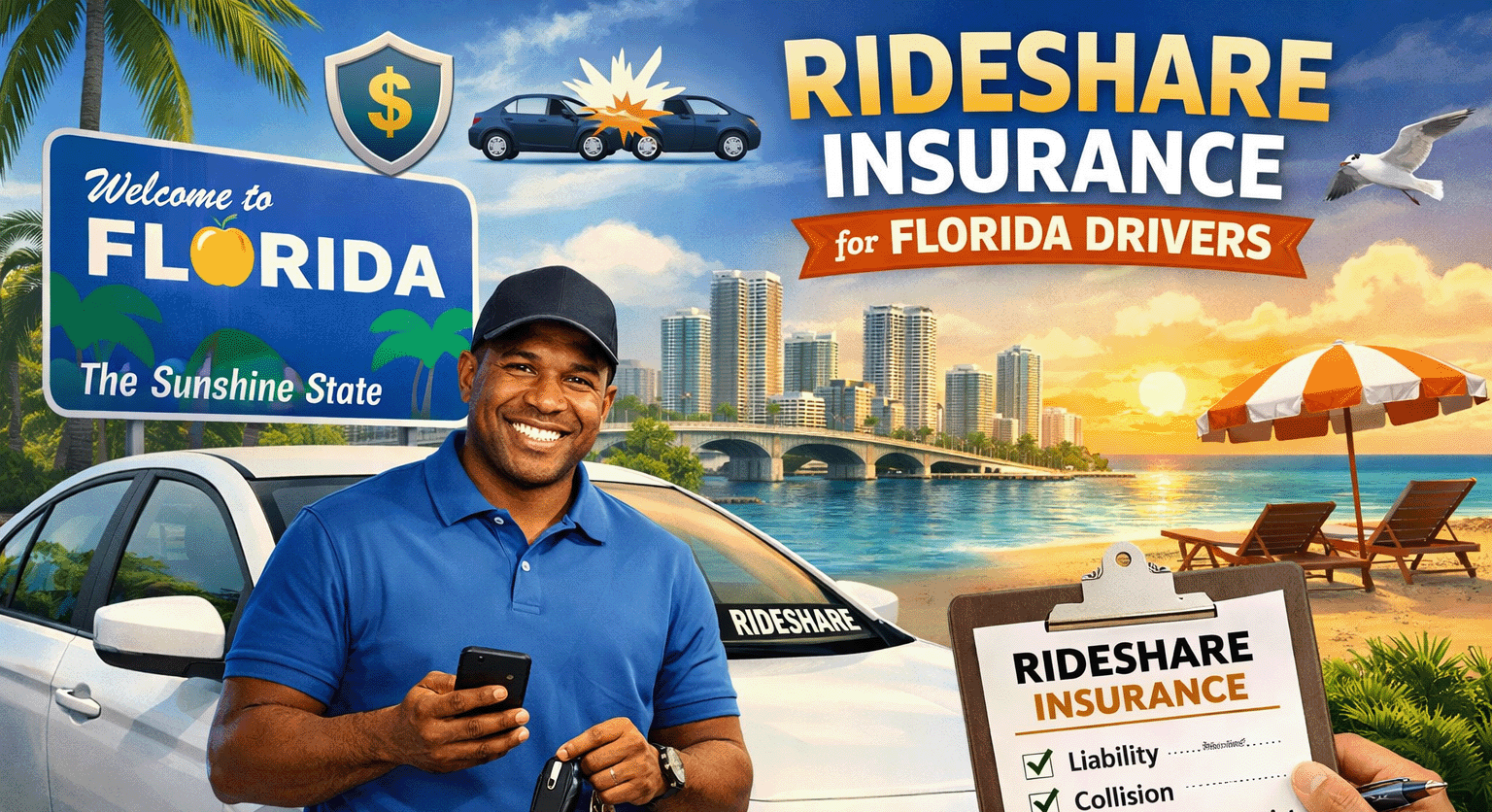 Florida rideshare accident scene showing an Uber or Lyft vehicle involved in a crash to illustrate rideshare insurance requirements in Florida