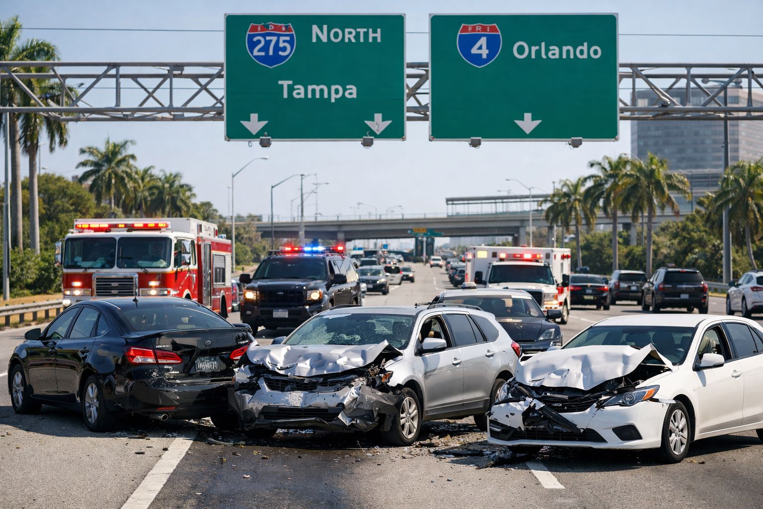 Florida highway car accident scene involving multiple vehicles and serious injury claim issues