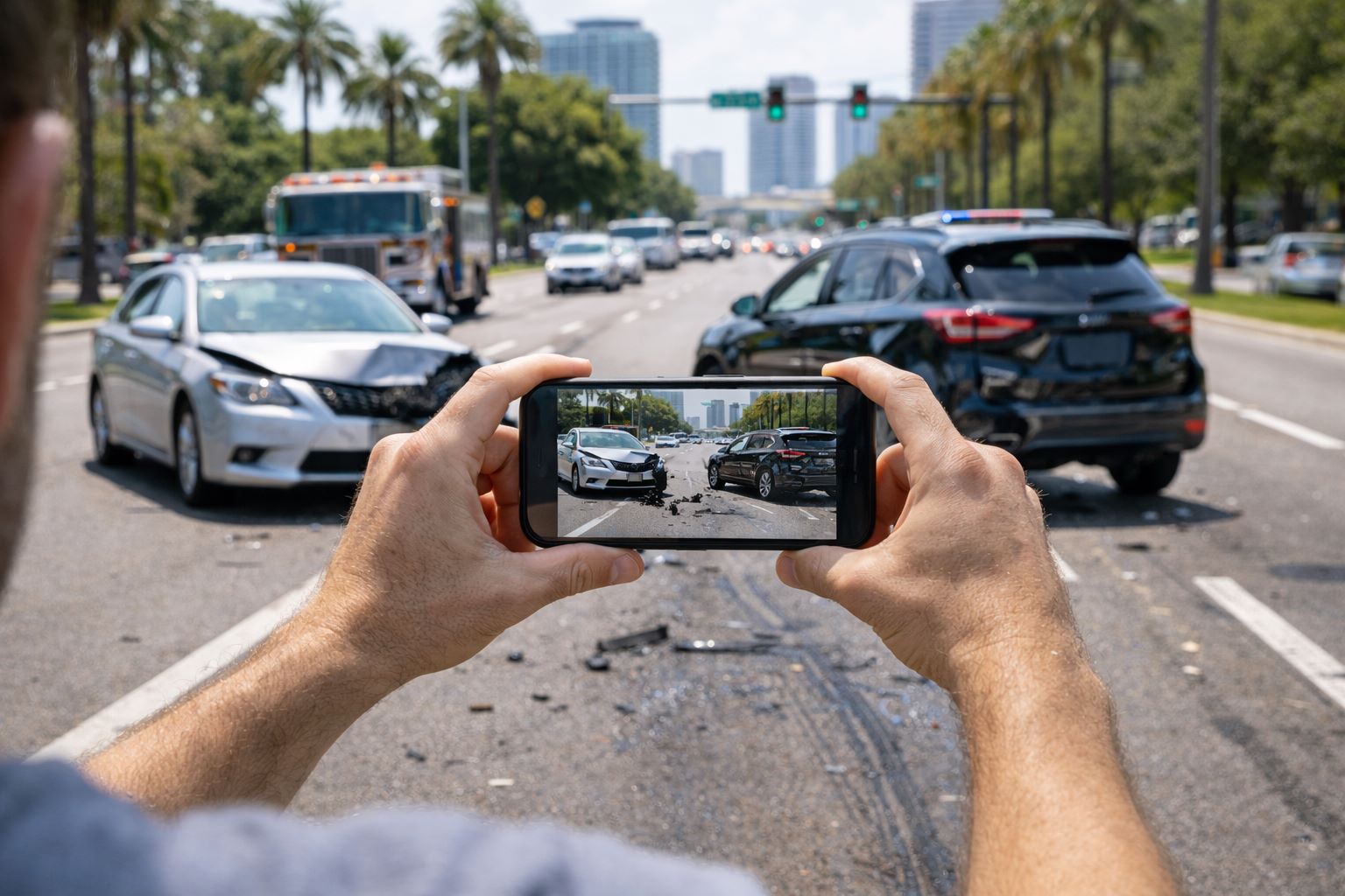 Crash scene documentation after a Tampa car accident with photos and roadway evidence