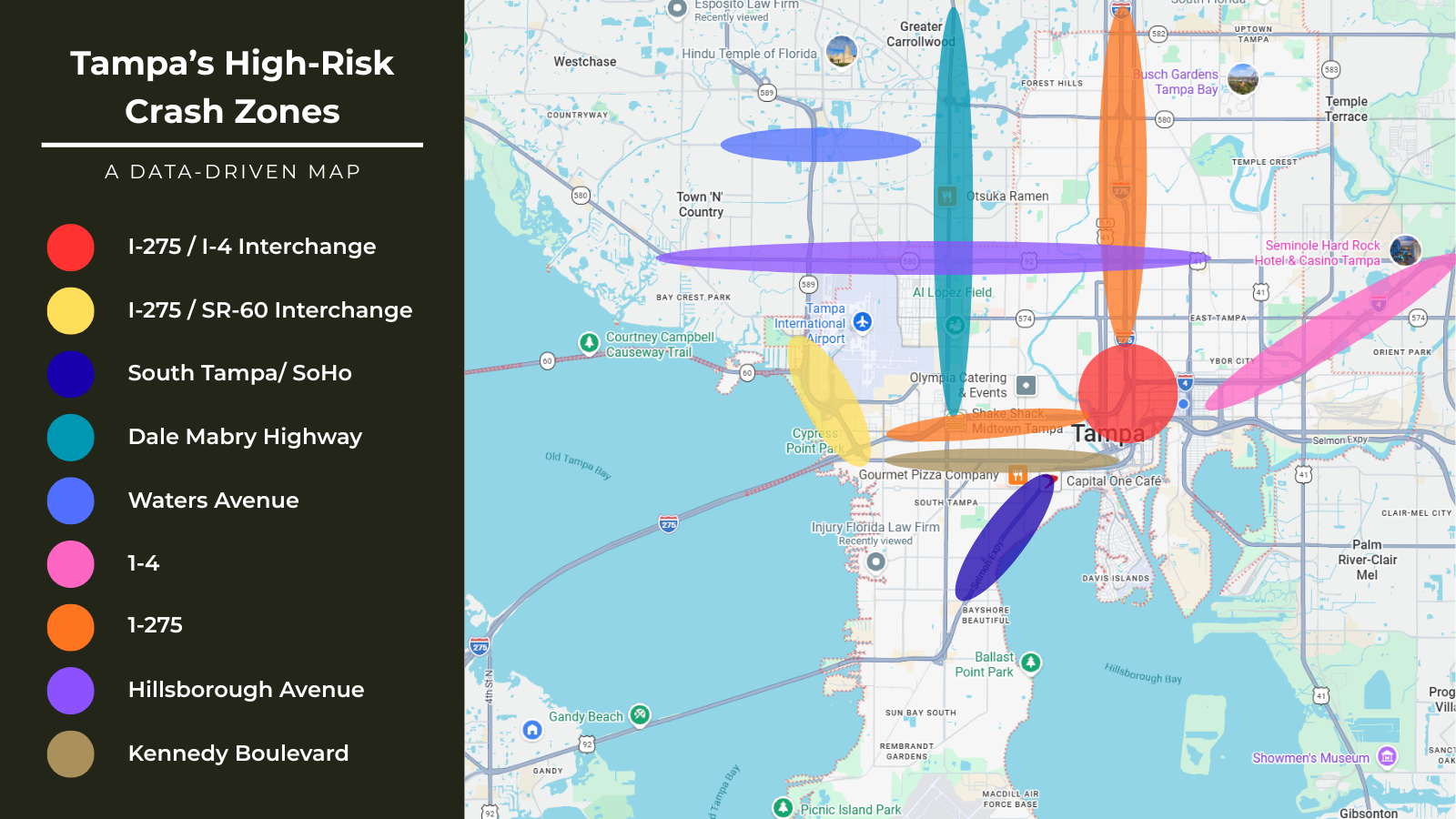 Image detailing the most high-risk crash zones in Tampa, FL