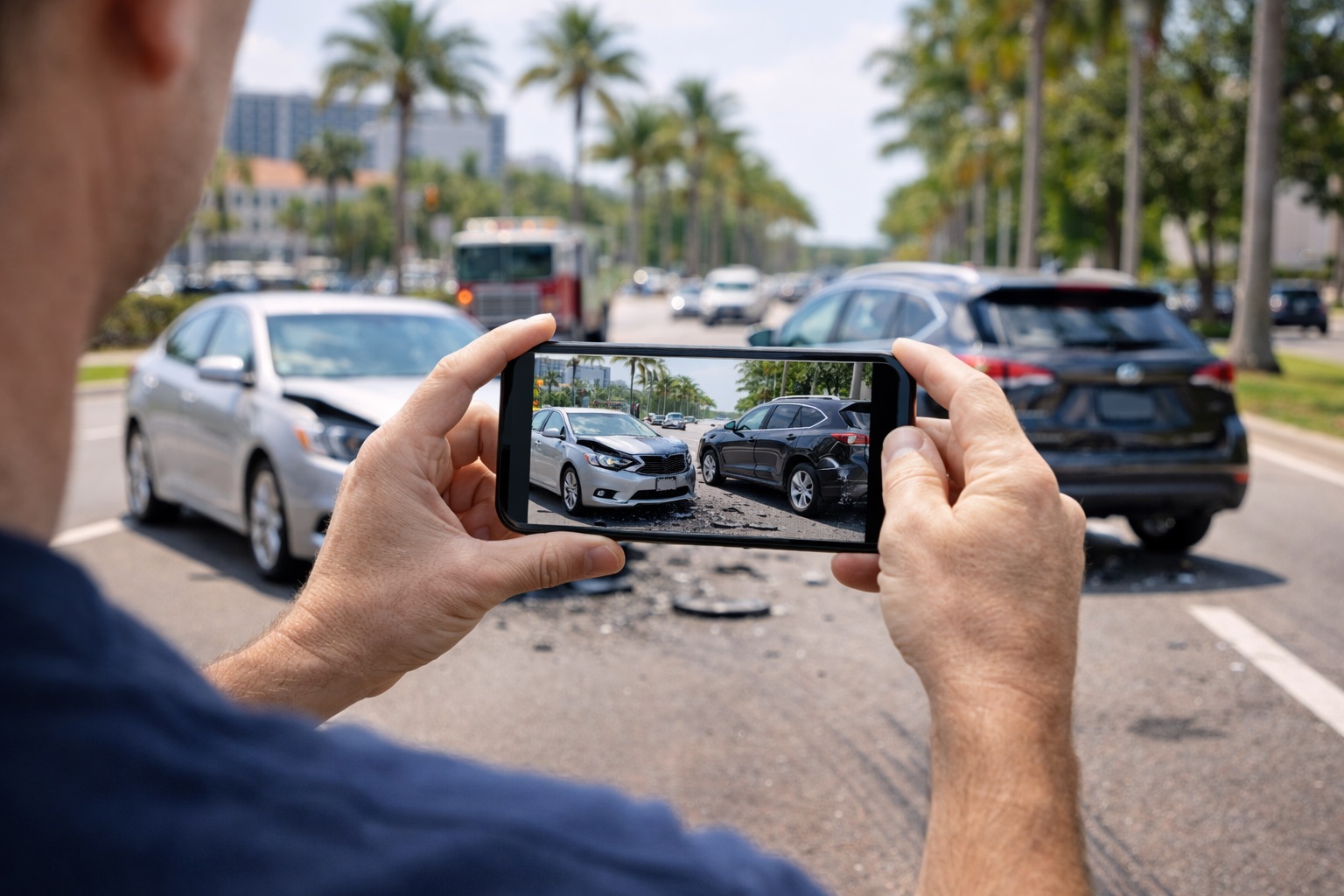 Driver documenting a St. Petersburg car accident scene with photos after a crash