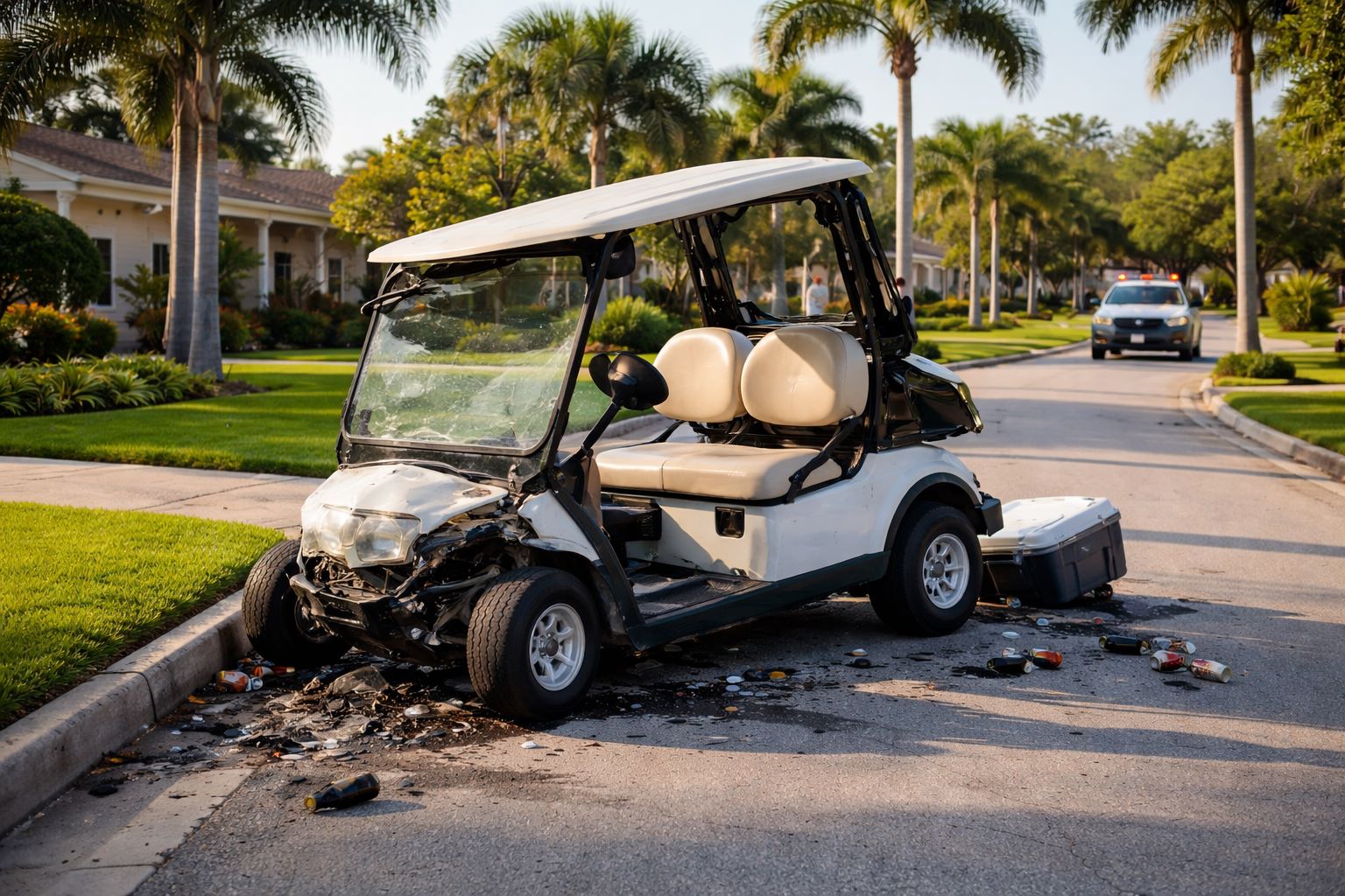 Damaged golf cart after a roadway collision in a Tampa neighborhood involving a passenger vehicle