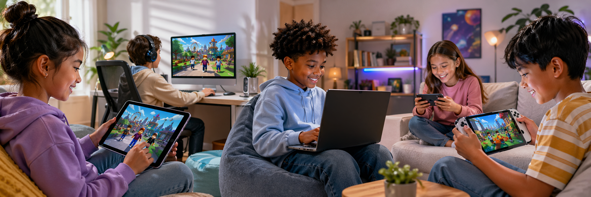 A group of children in a living room smiling and using various digital devices including tablets, laptops, and gaming consoles to play online games, illustrating the vulnerable environment central to Roblox lawsuits regarding child safety and abuse.