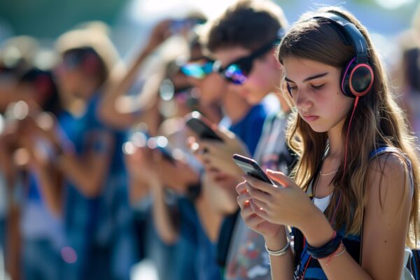 A young girl wearing headphones and looking intently at her smartphone while surrounded by other teens also on their devices, highlighting the addictive behaviors that often serve as evidence in social media harm claims.