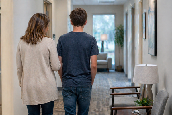 Parent and teenager walking into a counseling office for treatment