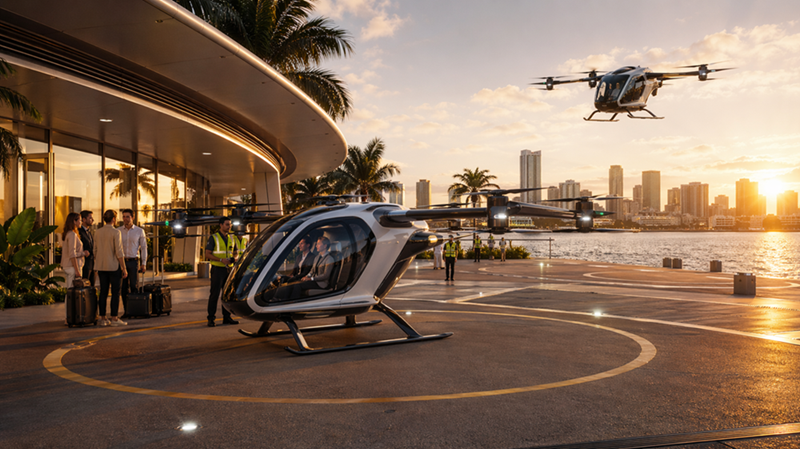 Electric air taxi aircraft flying near Tampa Bay in a concept image for a personal injury article.