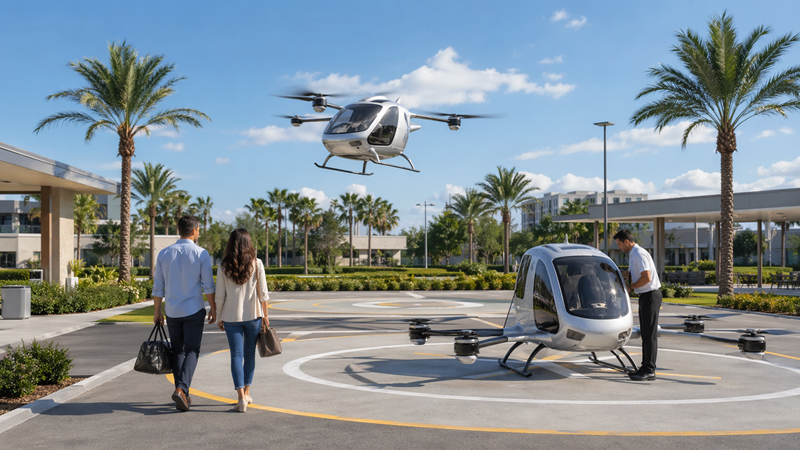 Concept image of a vertiport-style passenger loading area near Tampa Bay.