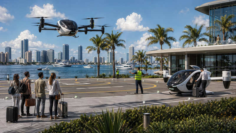 Concept image of a vertiport passenger area in Tampa Bay for an injury claims article.