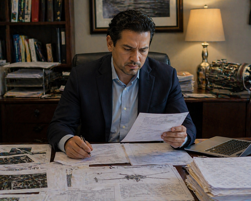 Attorney reviewing records for a Florida air taxi crash liability investigation.