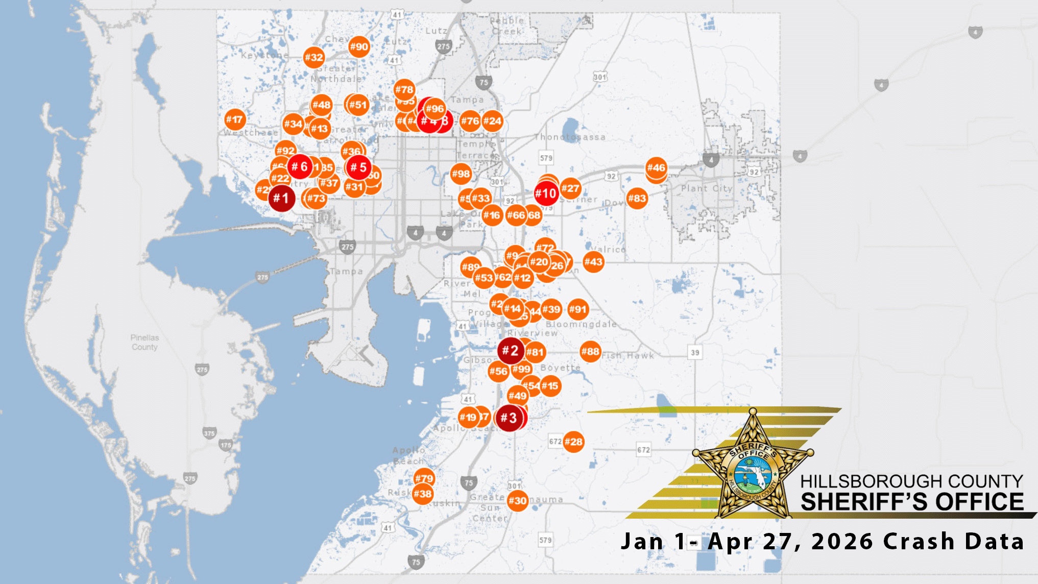 Map of Hillsborough County showing plotted high level crash corridor locations in 2026.