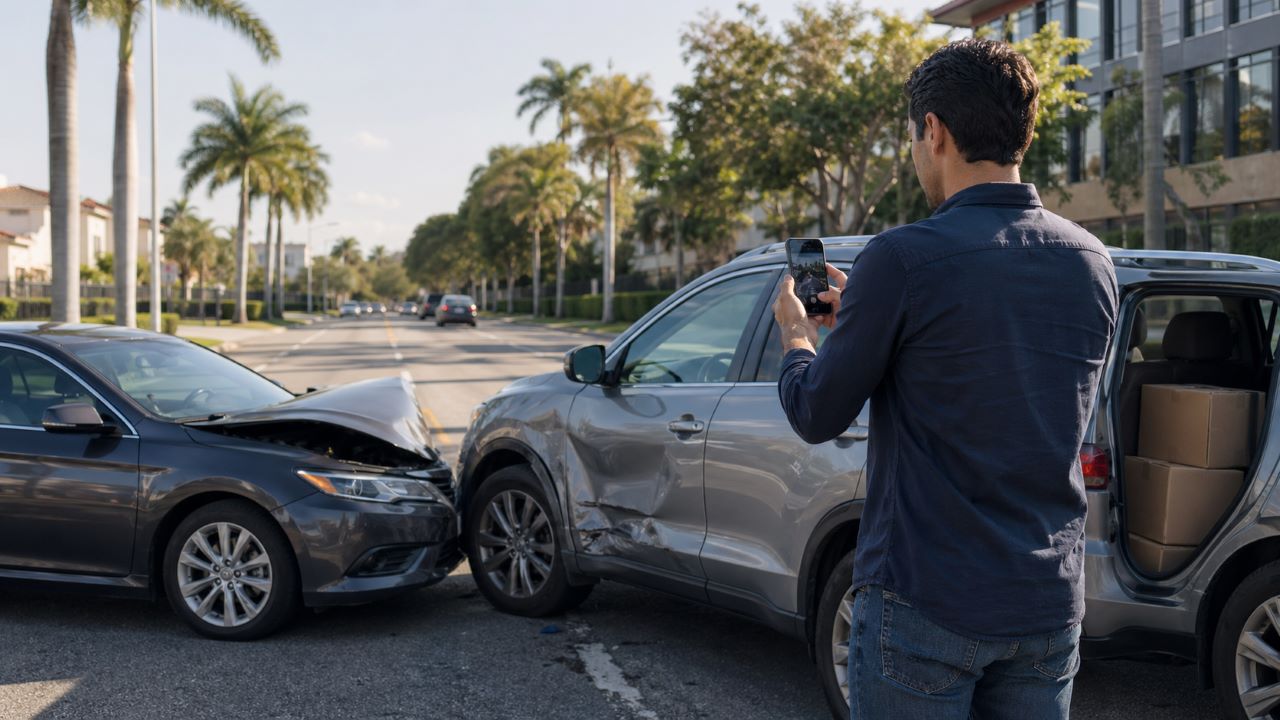 Two personal vehicles after a crash on a Tampa-area street with a driver taking photos.
