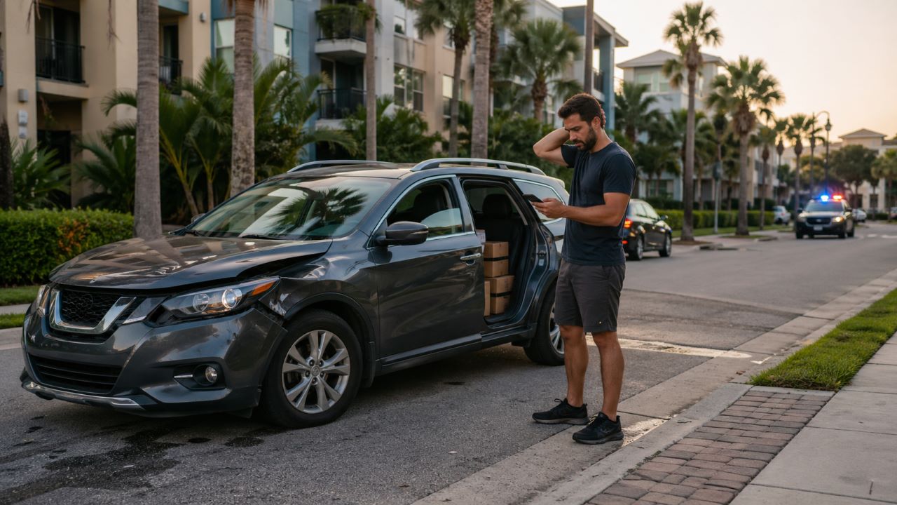 Delivery driver beside a personal SUV after a crash near a Tampa apartment complex
