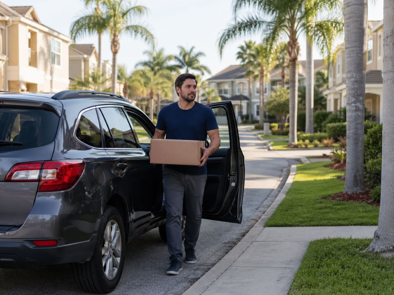 Delivery driver with a package beside a personal SUV in a Tampa residential neighborhood.
