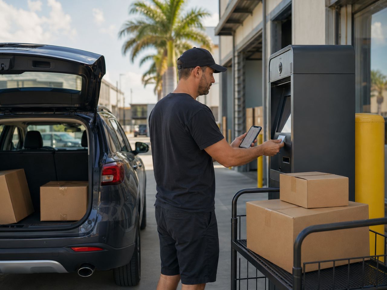 Delivery driver scanning a license at a Tampa-area pickup station before loading packages