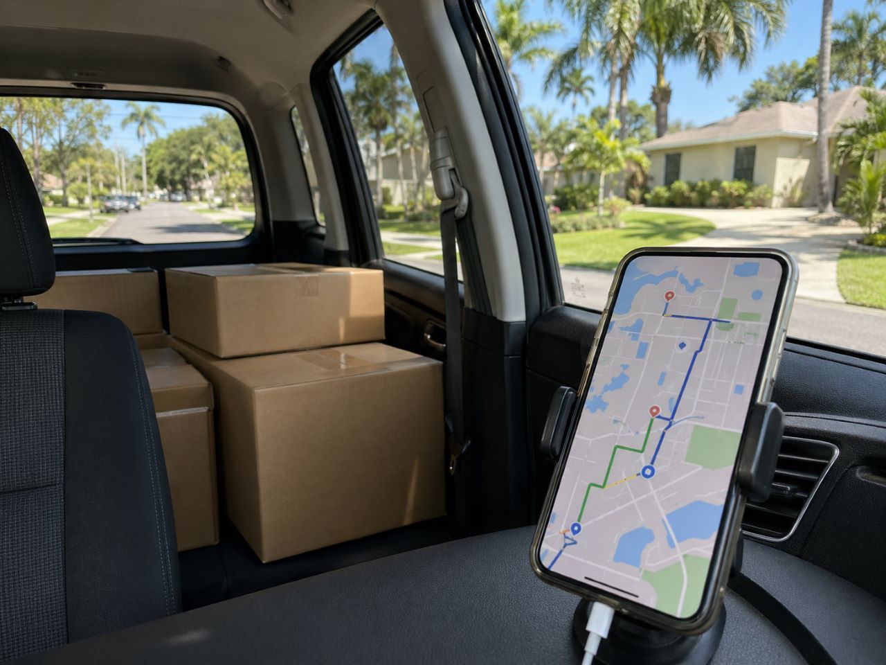 Phone showing a delivery route inside a personal vehicle with packages in the back seat.