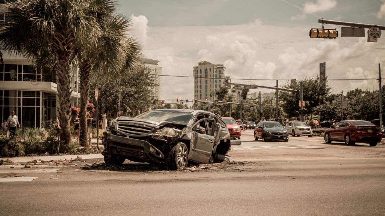 Vehicle crushed from side-impact in car accident.