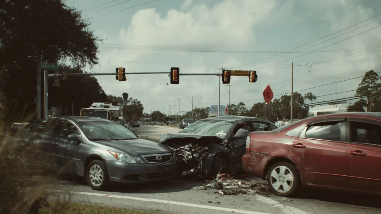 Multi-vehicle rear-end pileup with multiple damaged cars in Florida