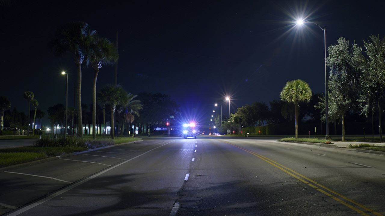 Police car with flashing lights responding to a hit-and-run in St. Petersburg at night