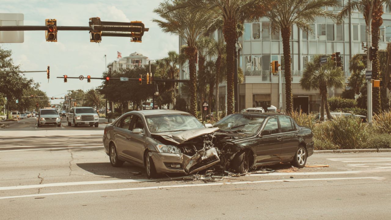 T-bone crash scene at busy St. Petersburg intersection.