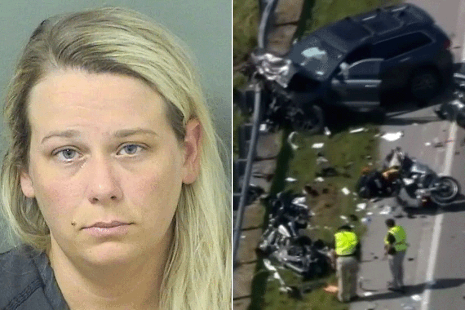 Mugshot of Corrinne Blue beside crash scene related to fatal Palm Beach County deputy crash investigation