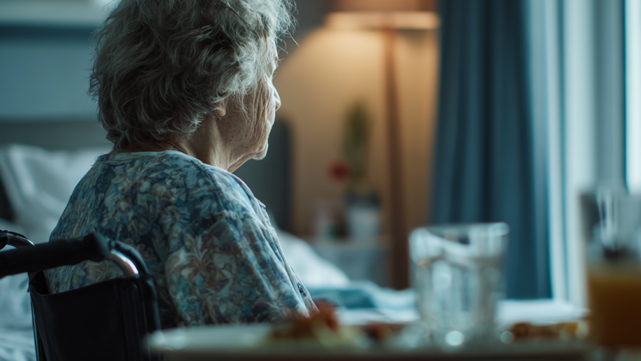 A neglected nursing home resident in Florida sits in her room alone