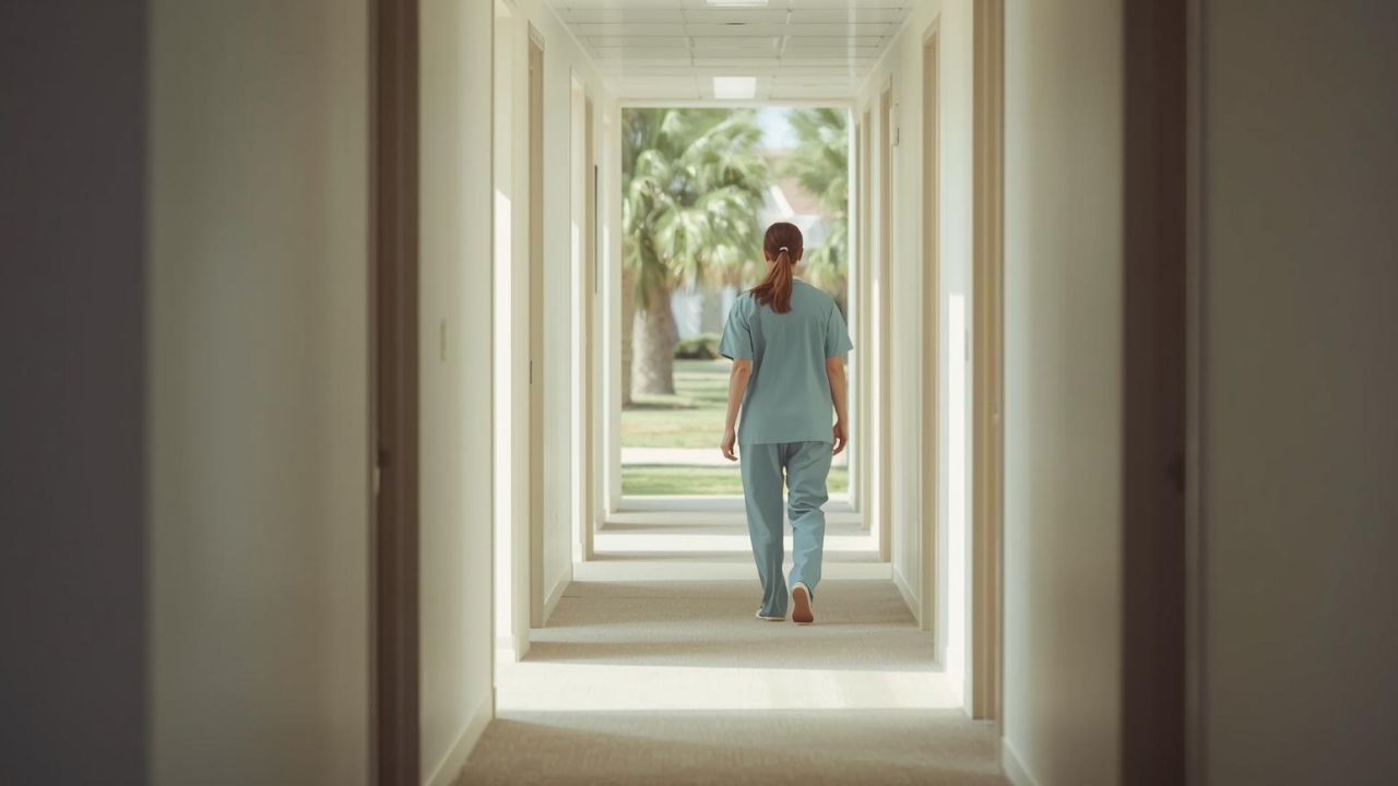 A direct care worker walks down an empty hallway in a Florida nursing home facility