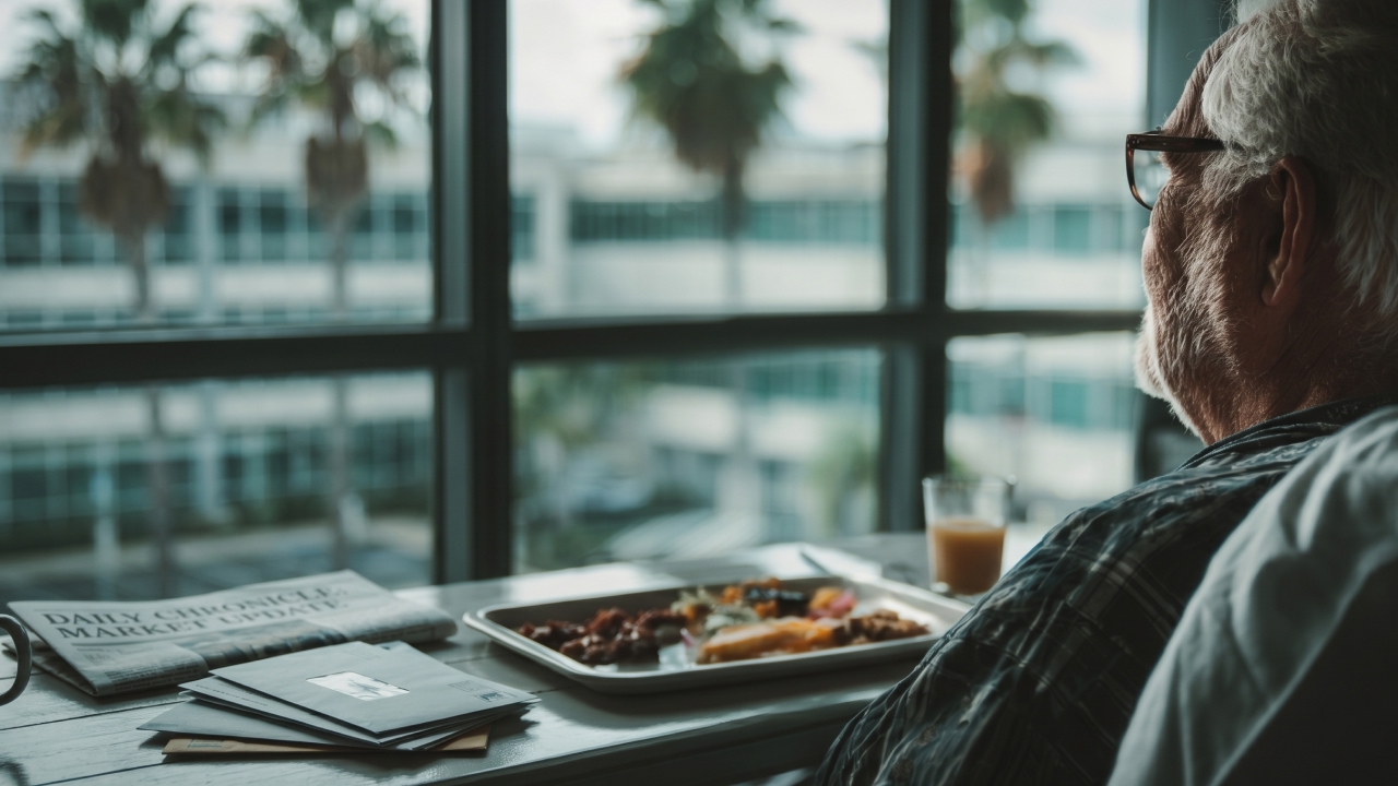 A nursing home resident in Florida sitting alone by the window with their meal on a tray