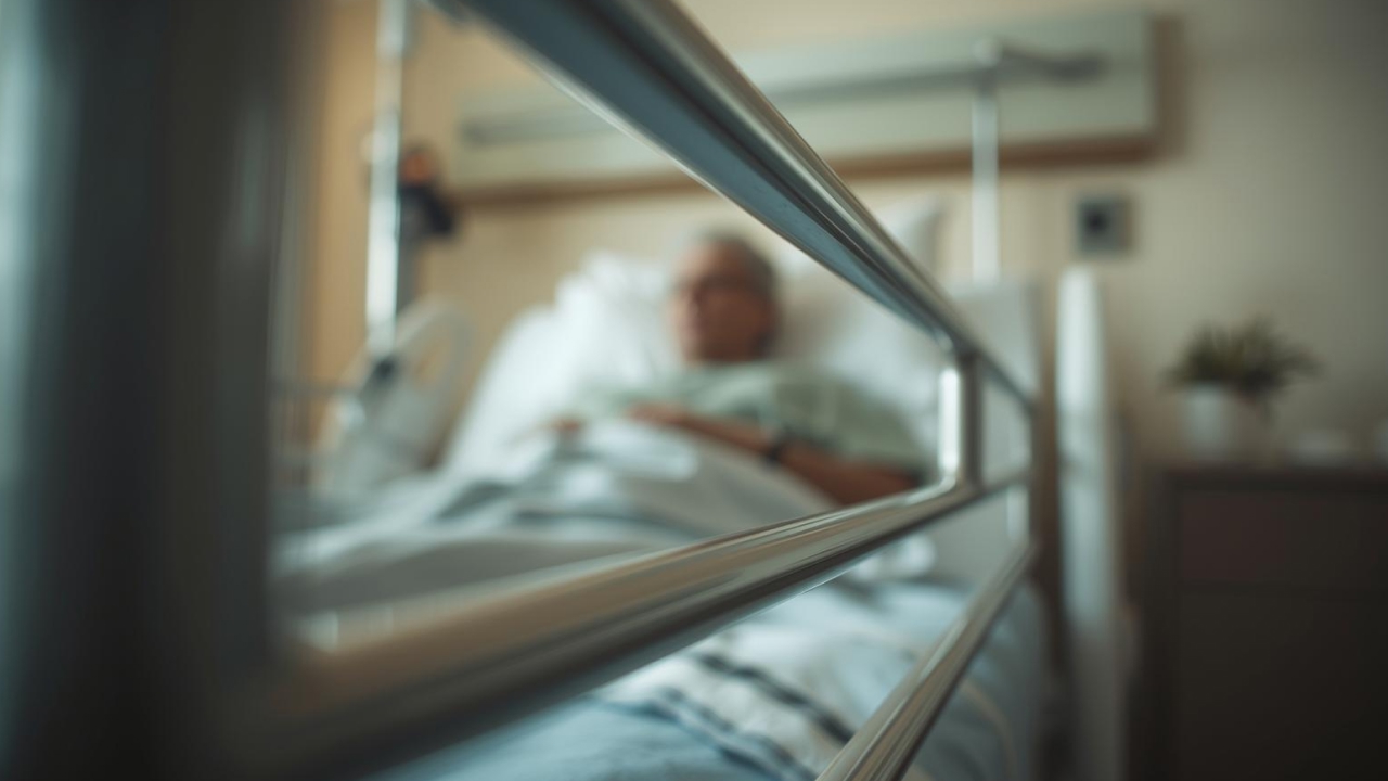 A close up of bedrails in a Florida facility, with a nursing home patient in the background